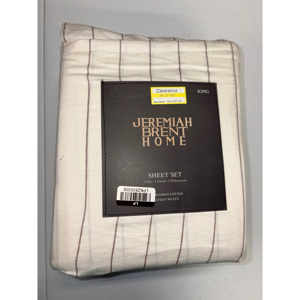 Jeremiah Brent Home King Sheet Set Washed Cotton Sateen Chalk Stripe Raisin